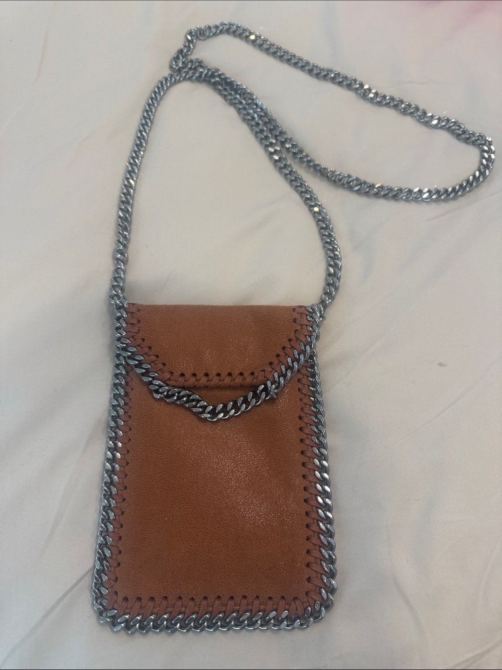Stella McCartney Tan Crossbody Phone Bag with Silver Chain Trim